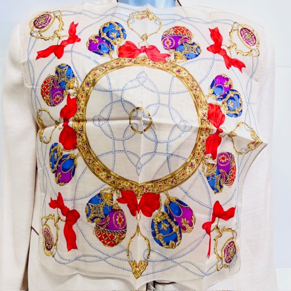 New Sticker On Celine Paris 19"MiniScarf/Handk+2 Other Beige floral  cotton (5 - Picture 9 of 11